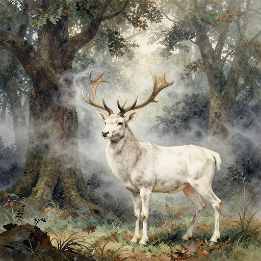 Ethereal White Stag in Ancient Woodland