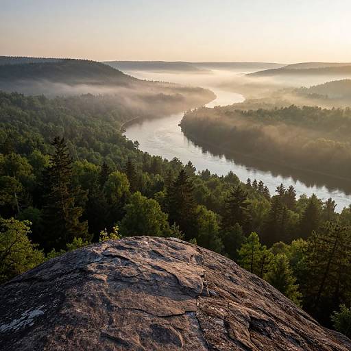 Sunrise over a misty forested river valley, viewed from a rocky outcrop with pine trees and winding water reflecting sunlight. Photorealistic landscape