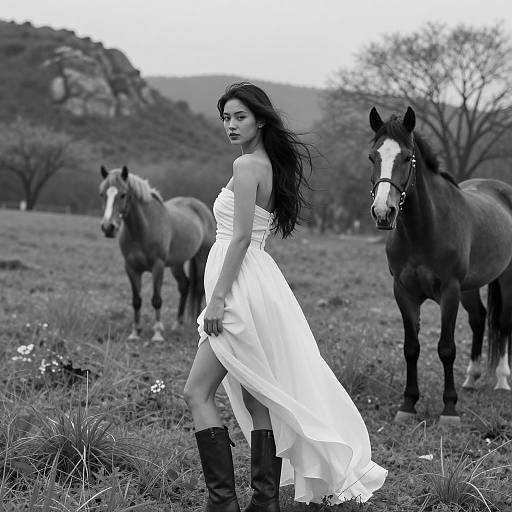 Woman in White Dress with Horses in Rural Landscape