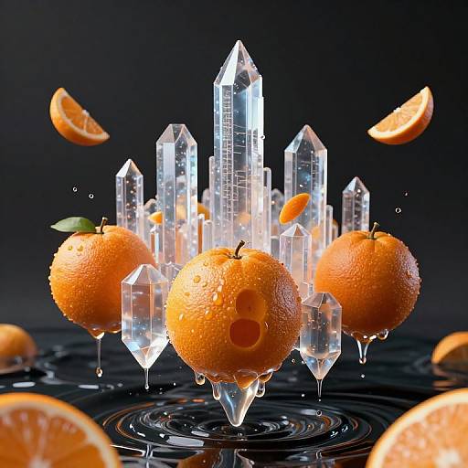 Photograph of glowing, crystalline orange-shaped structures with dripping water, floating oranges, and slices, set against a dark background.