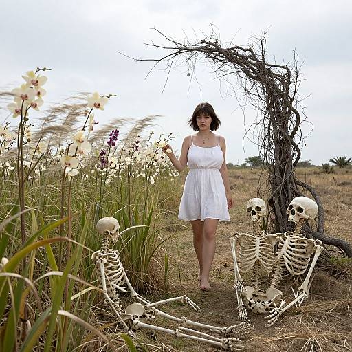 Photograph: Woman in white dress walks through field of tall flowers, surrounded by skeletons and a twisted arch, under cloudy sky.