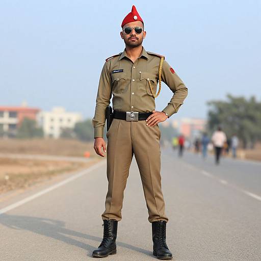 Photograph of a muscular man in a khaki police uniform with red cap, sunglasses, and black boots, standing confidently on a road with a blurred