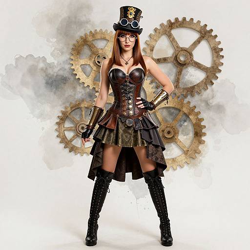 Steampunk woman with brown hair, glasses, black top hat, corset, skirt, gears, bracelets, knee-high boots, confident pose.