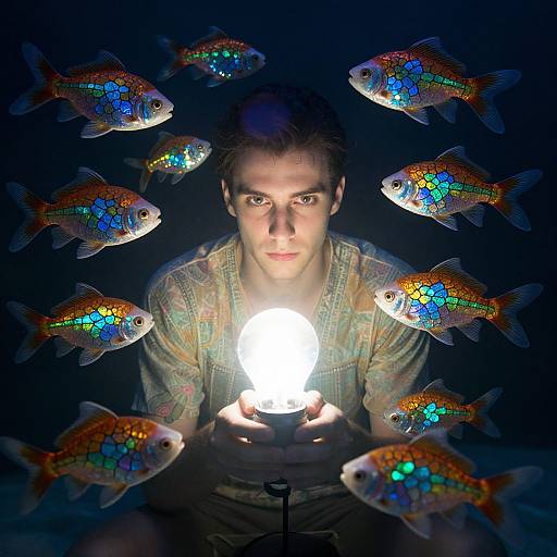 Photograph of a young man with intense gaze, holding a glowing light, surrounded by colorful, bioluminescent fish in a dark background.