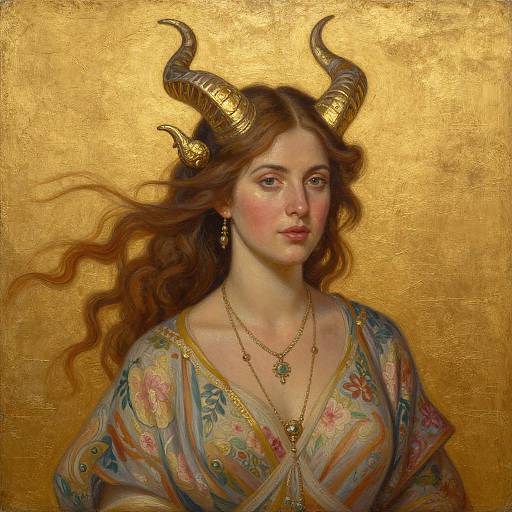 Digital painting of a fair-skinned woman with long, wavy brown hair, golden horns, floral robe, gold background, and gold jewelry.