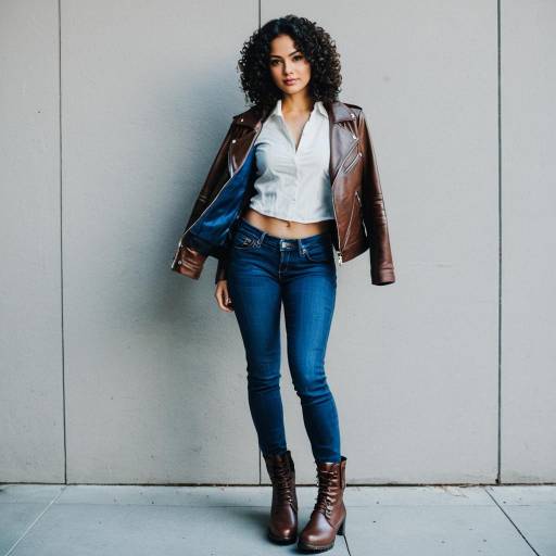 Confident Woman in Brown Leather Jacket and Blue Jeans