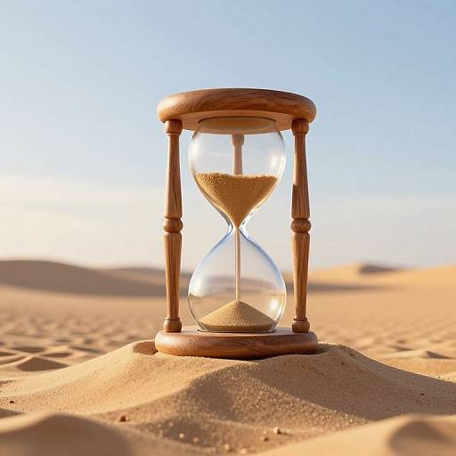 Photograph of a wooden hourglass on sandy desert dune, with clear glass showing sand flowing from top to bottom, under bright blue sky.