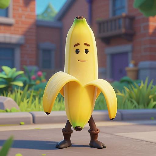 CGI cartoon banana with sad eyes and black boots stands in front of a brick house with a garden background.