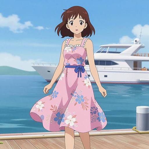 Anime-style drawing of a brown-haired girl in a pink floral dress, standing on a wooden dock with a white yacht in the background. Blue sky and