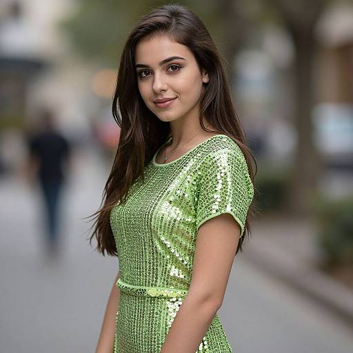 Photograph of a young woman with long dark hair, wearing a shimmering green sequin dress, standing on a blurred urban street.