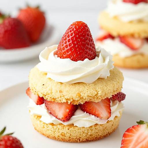 Photograph of a layered strawberry cake with cream, strawberries, and a whole strawberry on top, set on a white plate.