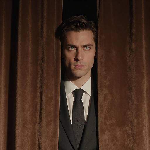 Mysterious Man Behind Brown Curtains