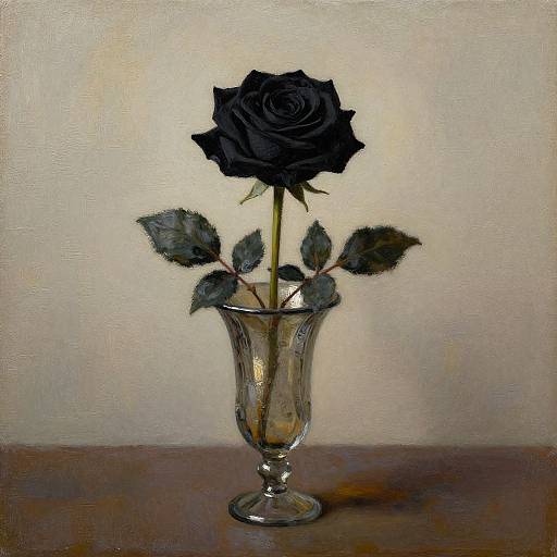 Photorealistic painting of a single black rose in a clear glass vase with dark green leaves, set against a plain beige background on a wooden surface.