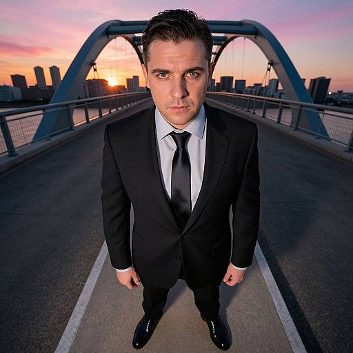 Photograph of a serious man in a black suit and tie standing on a bridge at sunset, city skyline in the background.