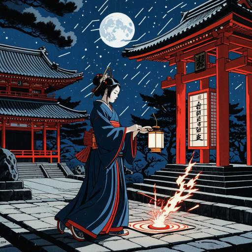 Ukiyo-e Shrine Maiden with Electromagnetic Forces