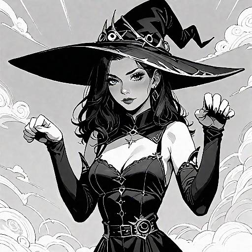 Monochrome digital drawing of a sexy witch with large hat, long dark hair, cleavage-baring corset, and gloves, surrounded by clouds.
