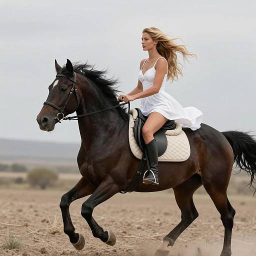 Blonde Woman Riding Black Horse in White Dress