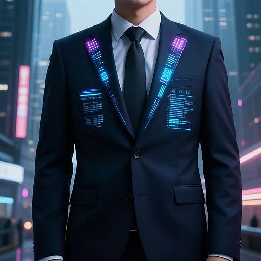Photorealistic digital artwork of a man in a black suit with neon blue and purple accents, white shirt, and black tie, standing in a futuristic