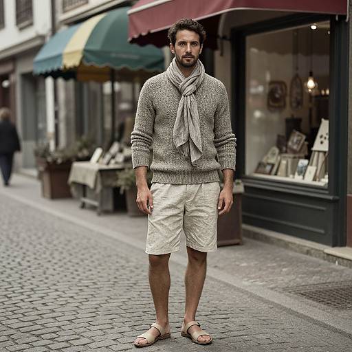 Photograph of a bearded man with dark hair, wearing a gray sweater, white shorts, beige sandals, and a gray scarf, standing on a