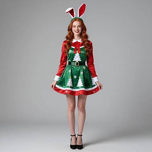 Young Woman in Festive Christmas Dress with Bunny Ears