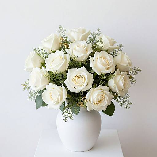 Photograph of a white ceramic vase filled with white roses, greenery, and small yellow buds, set against a plain white background.