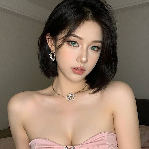 Photograph of an East Asian woman with fair skin, black bob haircut, green eyes, pink strapless top, gold necklace, and earrings, posing