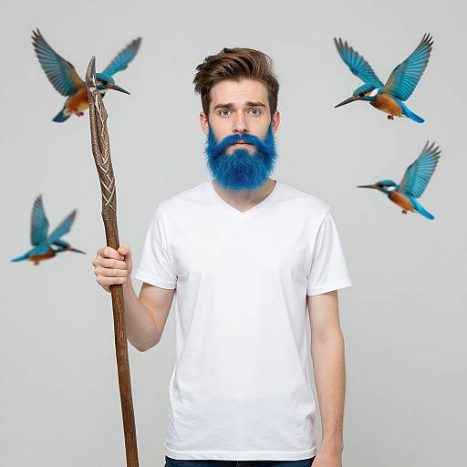 Photograph of bearded man with blue beard, white shirt, holding staff, surrounded by four blue and orange birds against white background.
