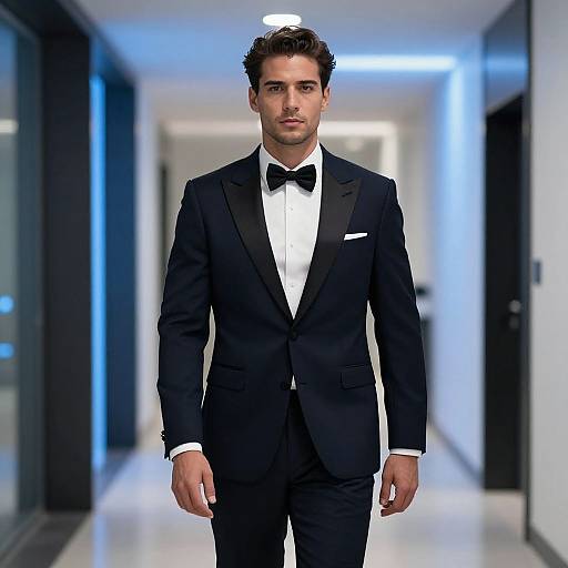 Photograph of a handsome, dark-haired man in a black tuxedo with a white shirt and black bow tie, walking down a modern, illuminated