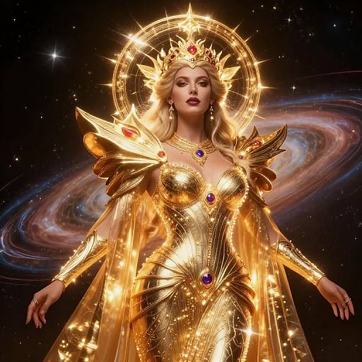 Digital artwork of a radiant blonde queen with golden armor, crown, and halo, set against a cosmic background with swirling galaxies.