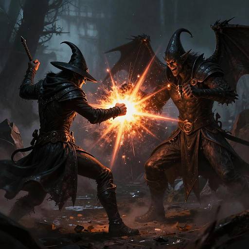 Digital fantasy artwork of two dark-clad, horned wizards in a forest, clashing with bright orange energy blasts, surrounded by mist and shadows.