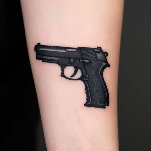 Black tattoo of a semi-automatic handgun on a pale arm, detailed with realistic shading and textures, set against a dark background.