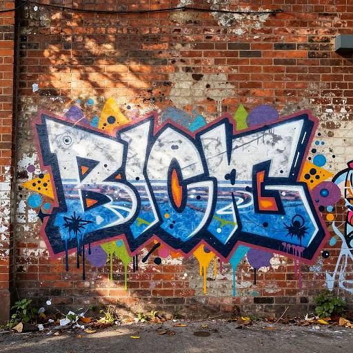 Vibrant graffiti on a weathered brick wall featuring bold, white 