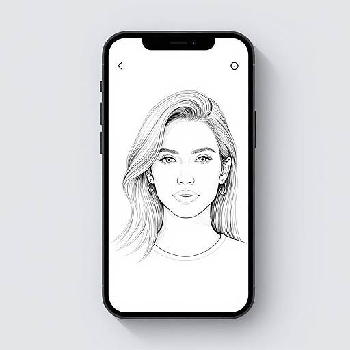 Black and white line drawing of a smiling woman with shoulder-length hair on a smartphone screen, centered and surrounded by a black-framed phone with a white