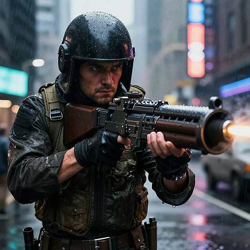 Photograph-style CGI of a rain-soaked, armored soldier with black helmet and fingerless gloves, aiming a detailed, futuristic rifle in a neon-l