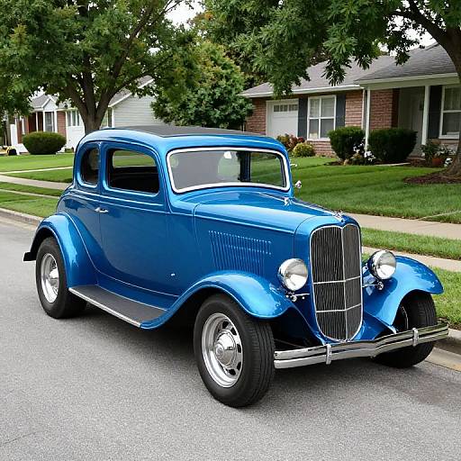 Photograph of a shiny, blue classic 1930s car with chrome details, parked on a suburban street with green lawns and trees.