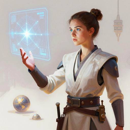 Digital art of a young woman with brown hair in a bun, wearing a white futuristic robe, touching a glowing holographic interface. Background includes a globe