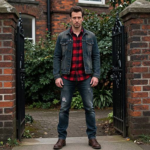 Photograph of a handsome, bearded man with short dark hair, wearing a red plaid shirt, denim jacket, and ripped jeans, standing confidently