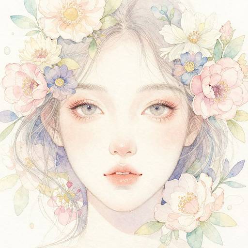 Digital watercolor portrait of a fair-skinned woman with gray eyes, surrounded by pastel flowers, wearing a floral crown, with delicate, soft textures