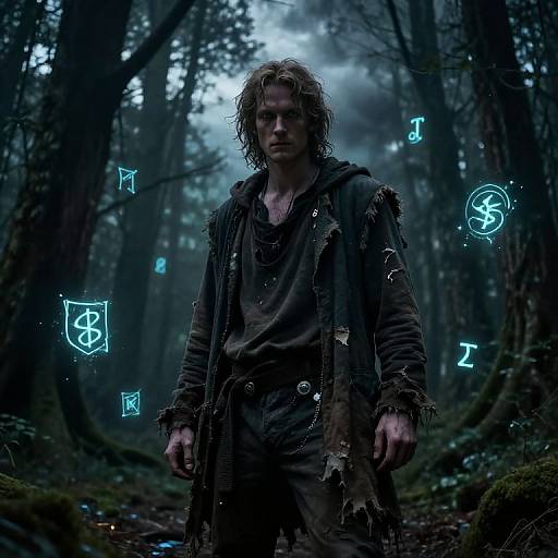 Photograph-like CGI of a rugged, dirty-haired man in tattered forest attire, standing in a dark, misty forest with glowing blue runes floating