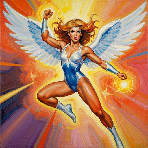 Vibrant digital painting of a muscular, blonde, winged superhero woman in a blue and white bodysuit, fists raised, glowing against an