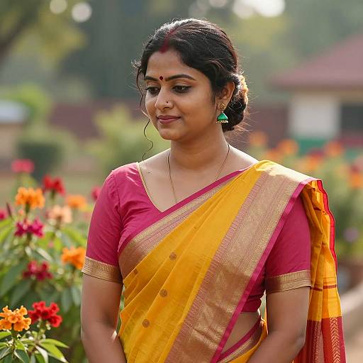 Indian Woman in Yellow and Pink Saree in Garden