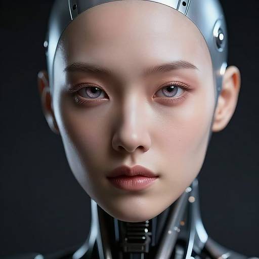 CGI portrait of a futuristic, robotic Asian woman with smooth pale skin, silver headgear, and blue eyes, set against a dark background.