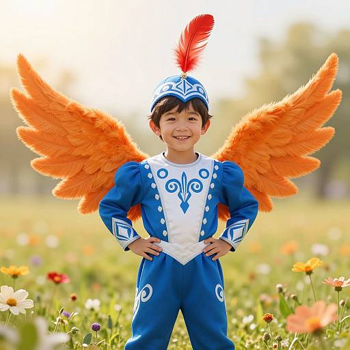 Photograph of a smiling young boy in a blue costume with orange feathered wings and a red feathered hat, standing in a colorful flower field.