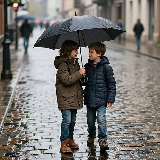 Photograph of a young boy and girl sharing a black umbrella on a wet, cobblestone street, both wearing puffy jackets and jeans, with