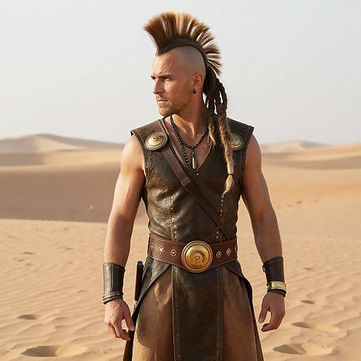 Photorealistic CGI of a muscular, tan-skinned man with a mohawk, brown leather vest, and belt, standing in a desert.