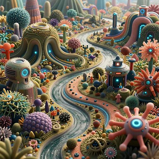 Whimsical, vibrant digital artwork of a surreal, colorful landscape with winding road, glowing alien-like structures, and various spiky, floral plants.