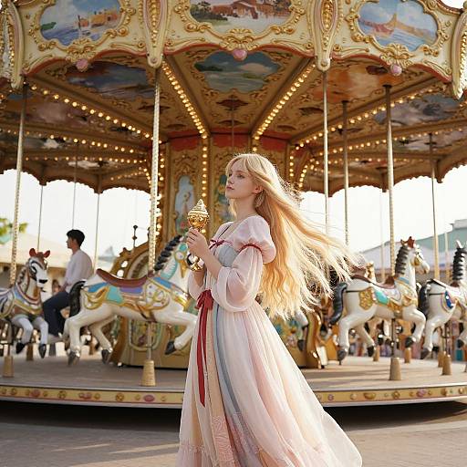 Photograph of a blonde woman in a flowing white dress with red ribbons, holding a golden cup, standing on a brightly lit, ornate carousel