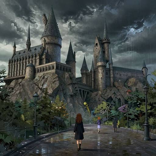 Digital anime-style illustration of a rainy night scene with a girl in a black coat walking towards a grand, gothic castle with spires, surrounded by