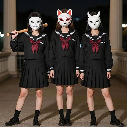 Three girls in Japanese school uniforms with masks at night
