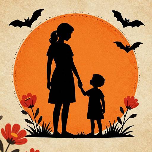 Silhouetted mother and child holding hands against a large orange sun, surrounded by bats and red flowers, in a digital illustration.